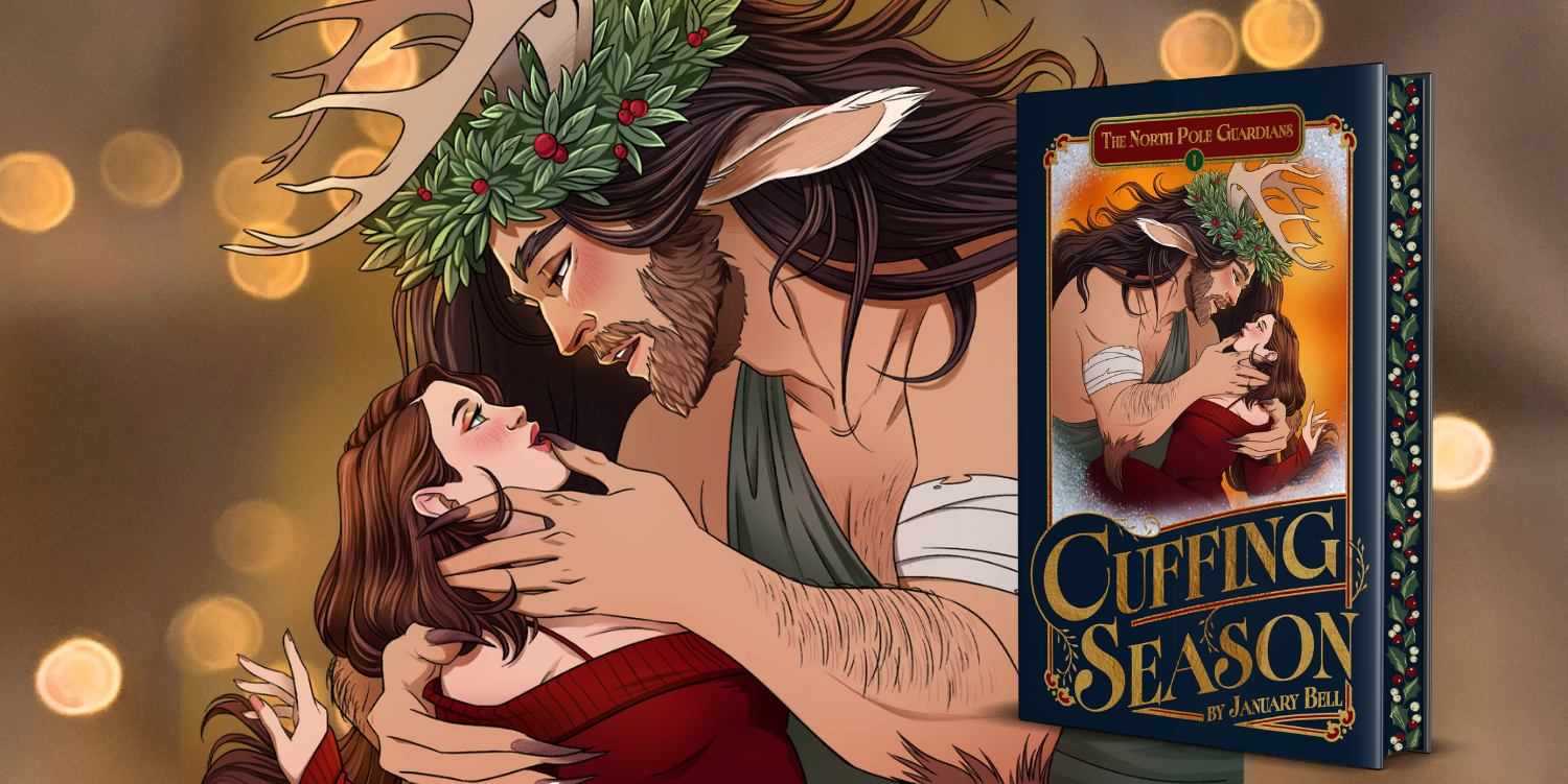 Feral Festivus Cuffing Season book illustration, a monster hero with antlers in a clich cover with a pretty auburn haired heroine.